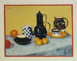 Stilleben med blå emalj kaffekanna, lergods och frukt, 1888